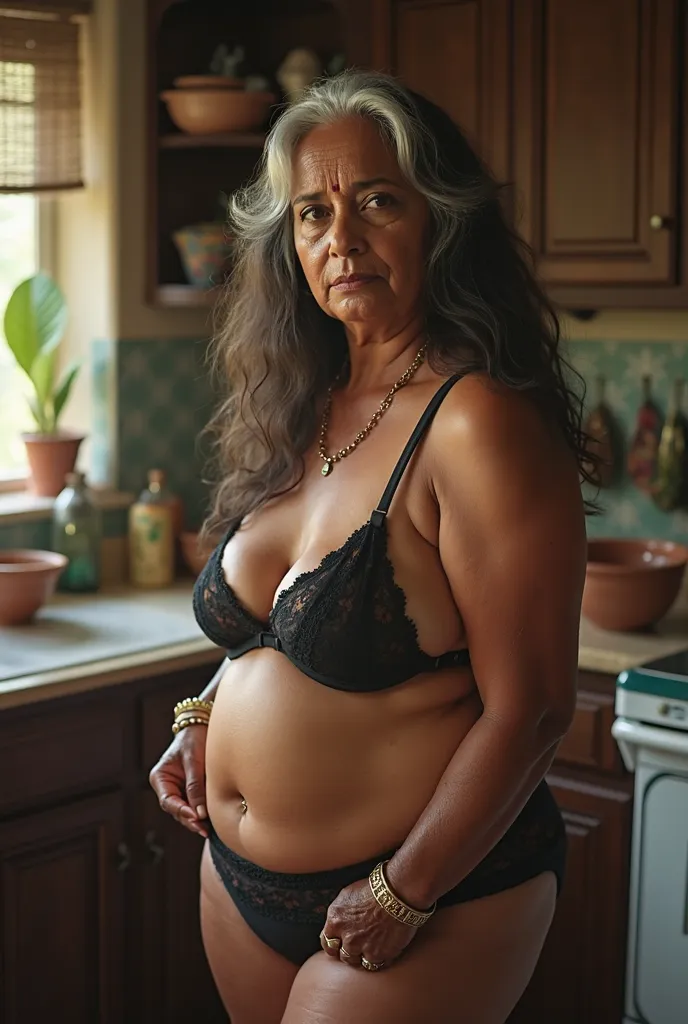 full shot 70 years old mature,sexy indian meenna, sexy milf, hot curves, chubby, demone long hair, cute face,standing in kitchen, her body looks like very old woman body, wearing lingerie,(cinematic:1.3), intricate details, (ArtStation:1.2),detailed face, ...