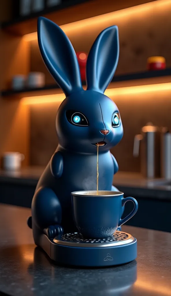 A sleek, deep midnight rich blue rabbit-shaped coffee maker with a velvety matte finish and silver metallic highlights. The digital controls softly illuminate within the elongated ears, and the eyes emit a gentle blue glow. The coffee flows from the rabbit...