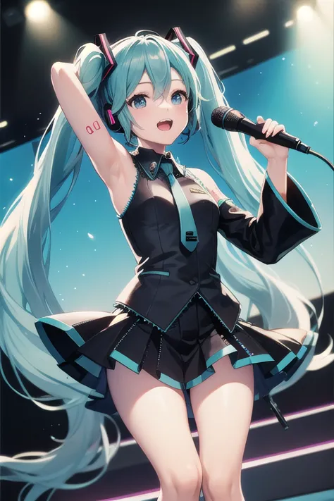  top quality 、 high image quality 、 Details、 beautiful、  Hatsune Miku 、Mature atmosphere、Singing on the virtual stage 、Handheld microphone、What is the arm number"01"