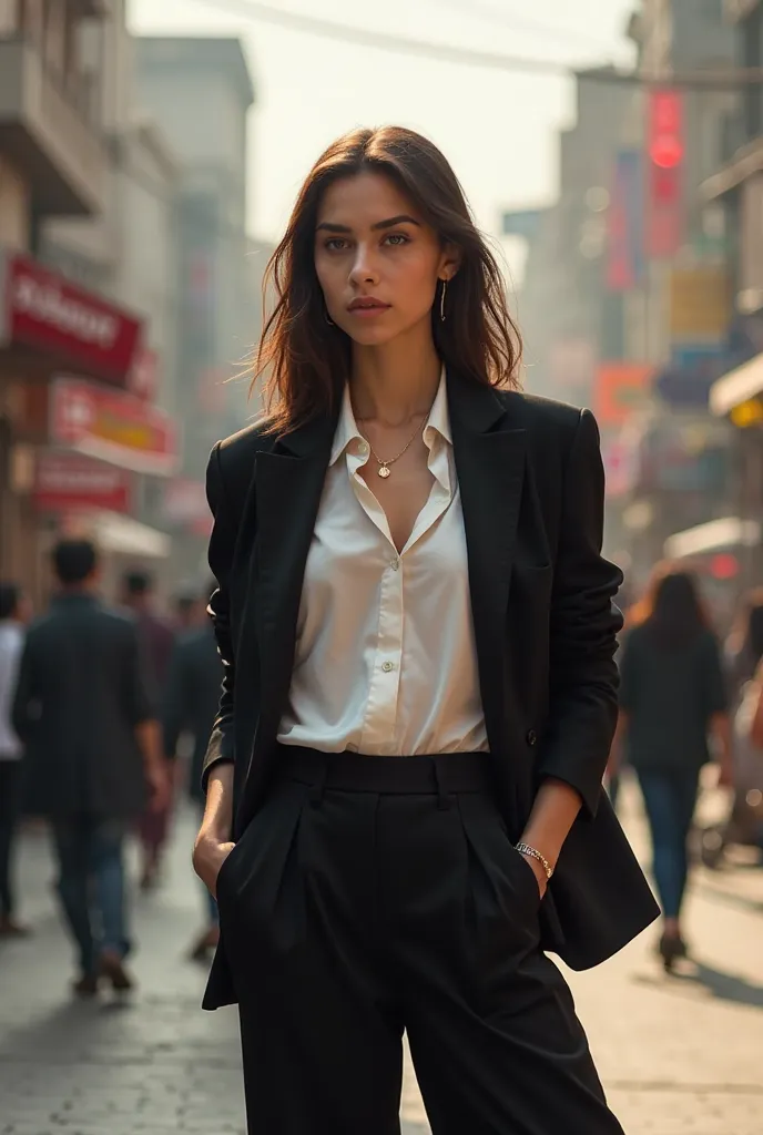  A beautiful elegant girl in black blazer over Chic in a white Satin Blouse and black Wide-Leg Pants" in street in peshawar 