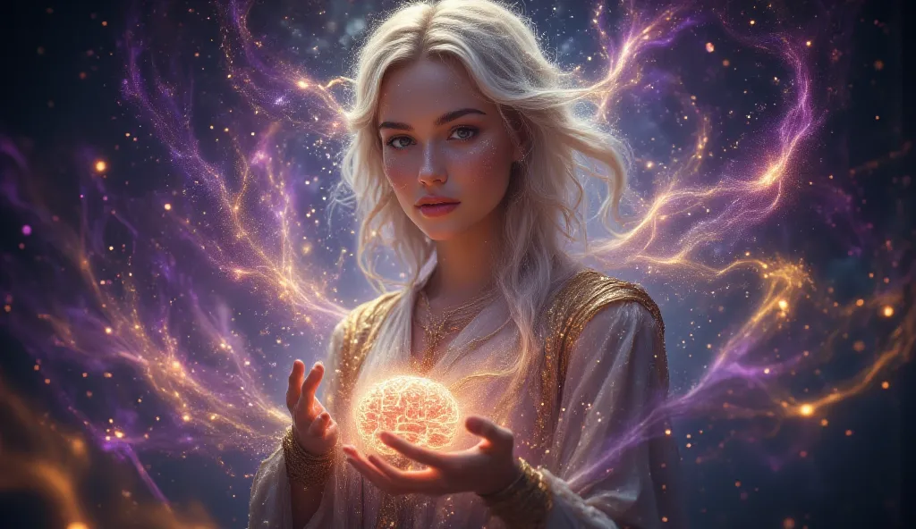 A woman standing confidently, holding a human brain in her hands and presenting it to the viewer. 


psychedelic cosmic, oniric, fluid, ethereal,  (colors: purple, yellow, blue, green, orange, black)
