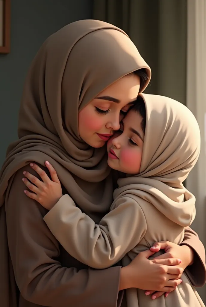 A girl hugs her mother while they are both hijabed 