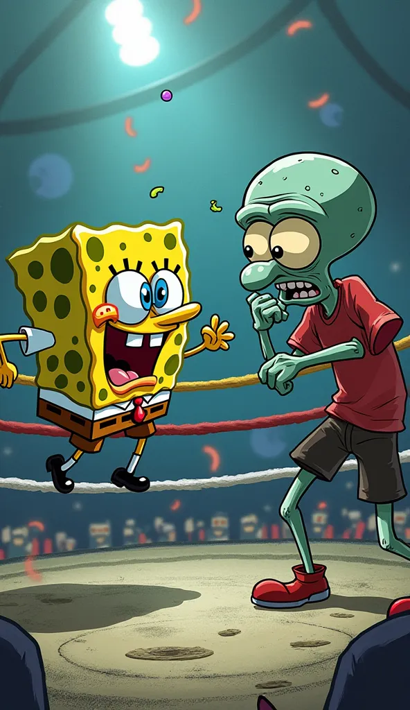 — Stop ! — Squidward begged,  But it was too late .

SpongeBob accelerated, jumped into the air and hit Squidward in the head from a U-turn. but in a fighting ring