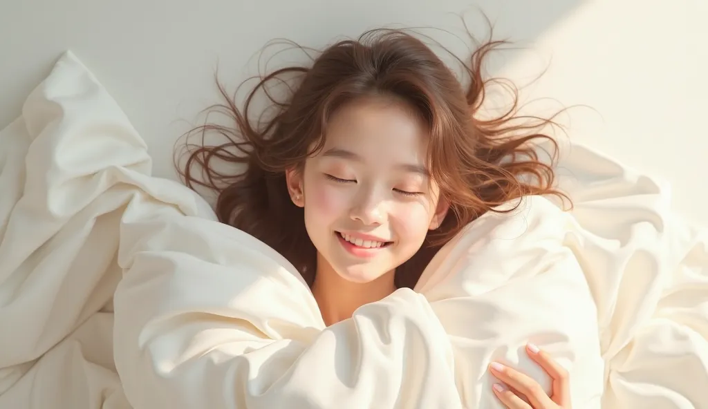 The smiling girl holding a large white pillow or sheet conveys happiness, comfort, and freshness, creating a positive emotional connection with the viewer.