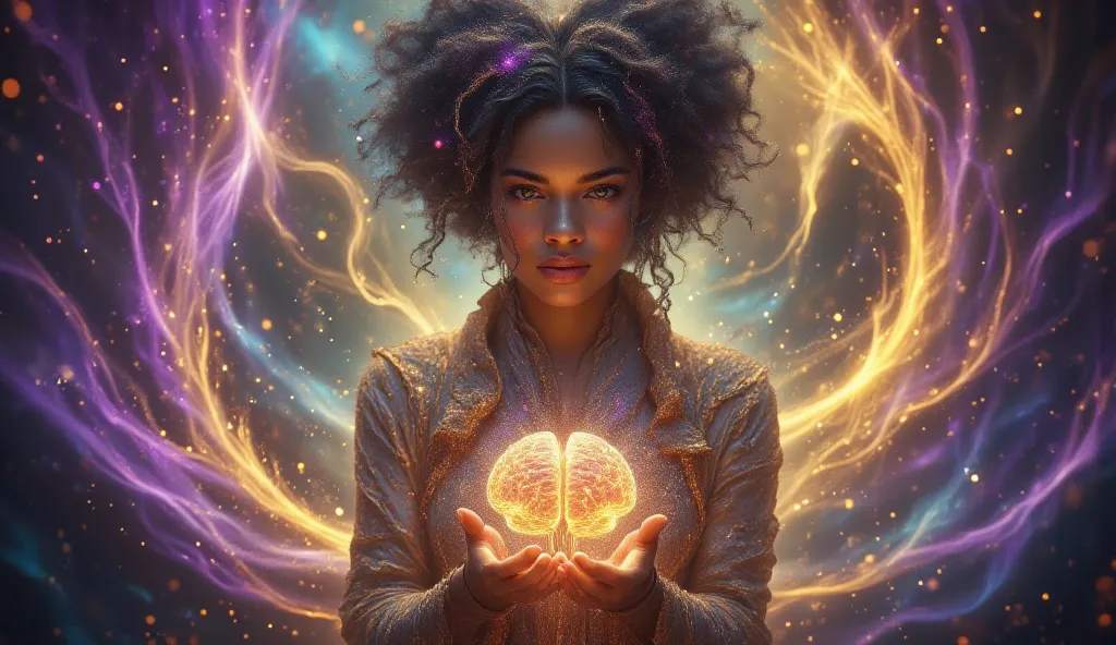 A woman standing confidently, holding a human brain in her hands and presenting it to the viewer. 


psychedelic cosmic, oniric, fluid, ethereal,  (colors: purple, yellow, blue, green, orange, black)
