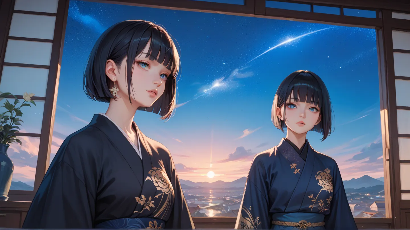 masterpiece, best quality, Super Detail. 1 girl,  bob cut the blue cloth,   black hair,  blunt bang, blunt ends, Black Kimono, Amaryllis Print, night sky