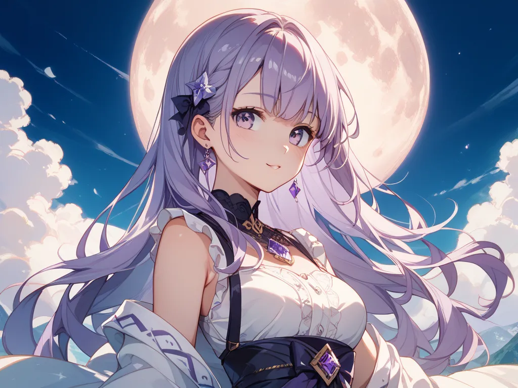 Overlooking、robe、moon、Mage、 Europe、1 woman、standing、bust up、、adults、cute、 beauty、 amethyst、long hair、