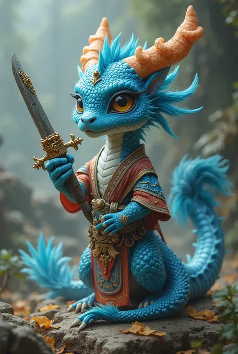 A small blue dragon wearing a Thai costume holds a knife, Bang Rachan