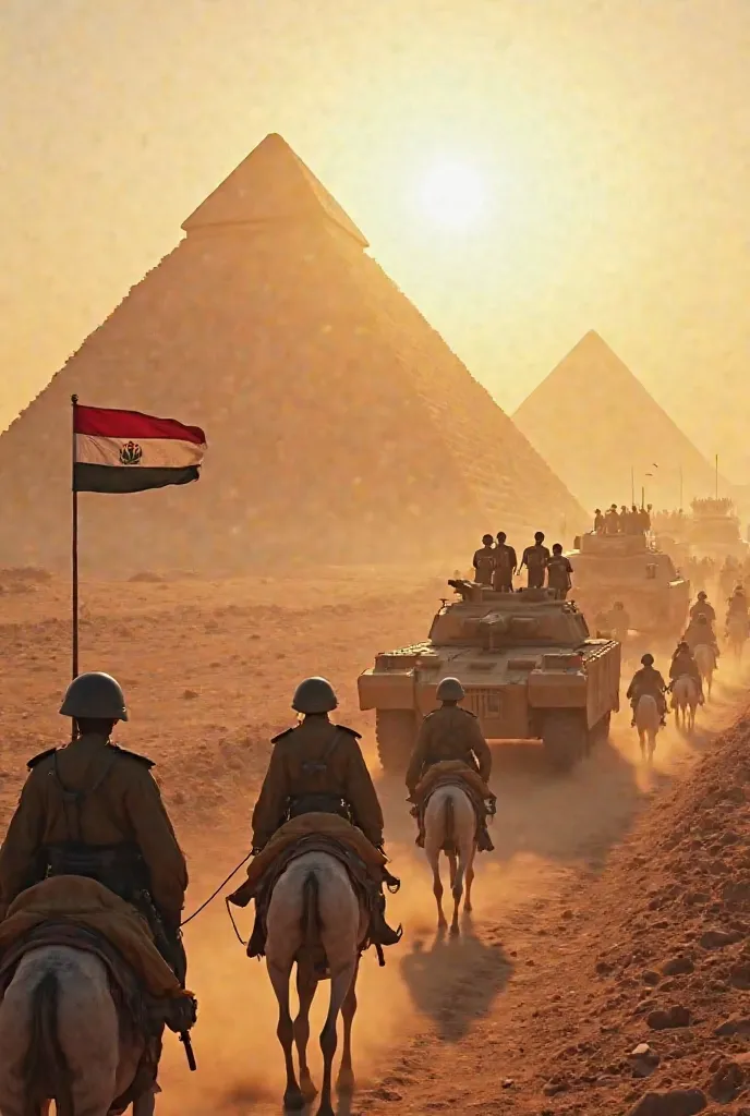 "Create a stunning and highly detailed 3D-rendered image of the Egyptian army lined up beside the Great Pyramids of Giza. Soldiers march in perfect formation, moving in the opposite direction of the pyramids, with tanks and military vehicles loaded with tr...