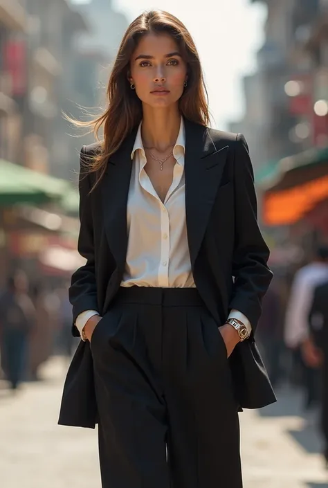  A beautiful elegant girl in black blazer over Chic in a white Satin Blouse and black Wide-Leg Pants" in street in peshawar 