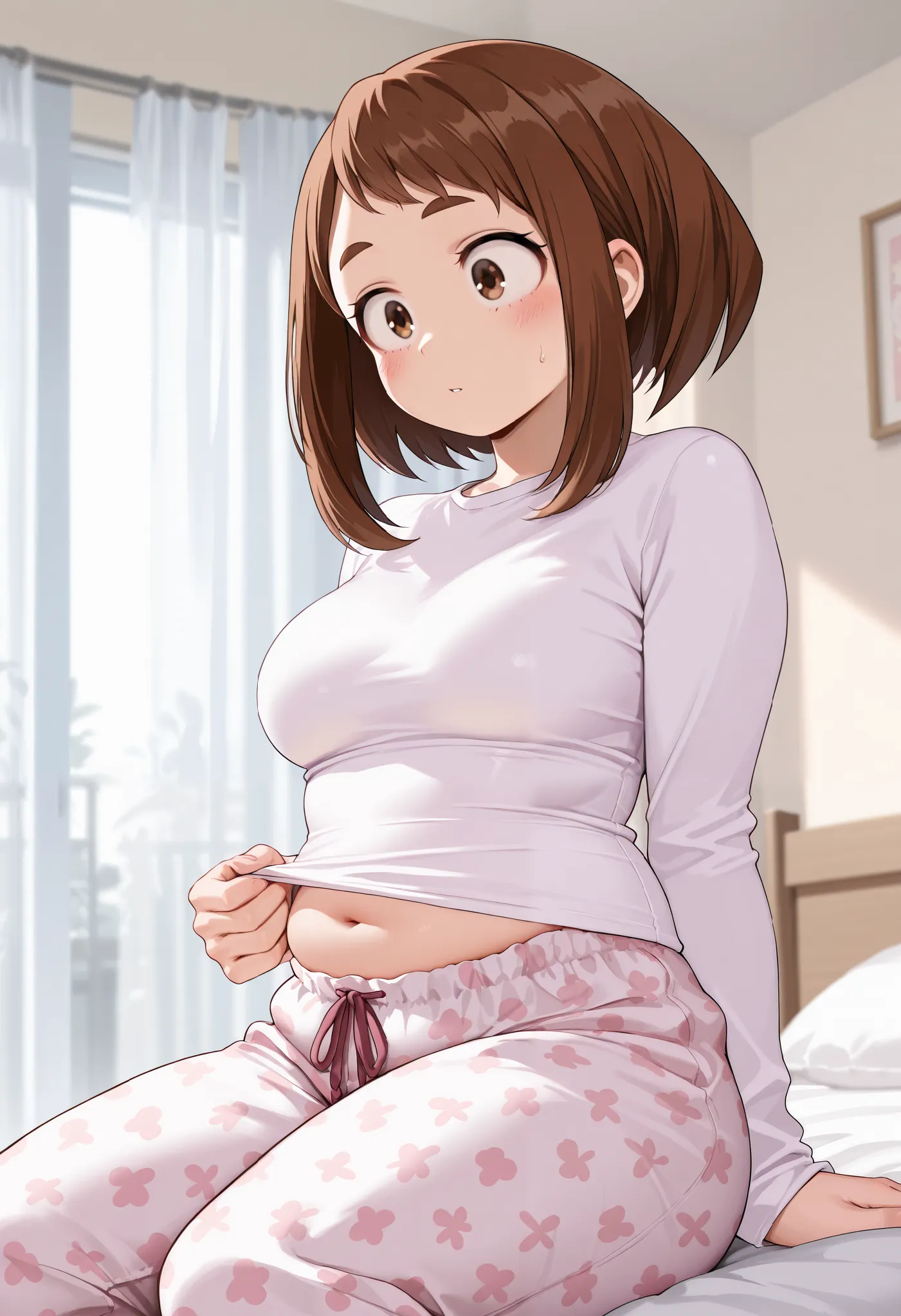 Masterpiece, 8k quality, extremely detailed, clear face, ochako uraraka, bedroom background, medium breasts, plump body, long sleeve shirt, patterned pajama pants