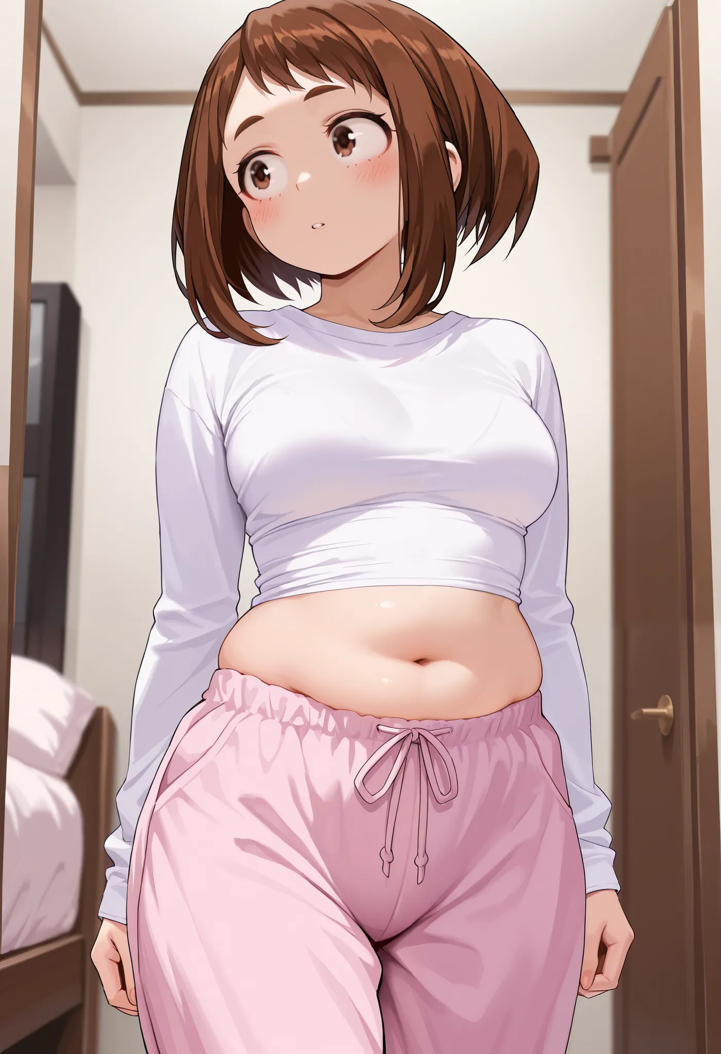 Masterpiece, 8k quality, extremely detailed, clear face, ochako uraraka, bedroom background, medium breasts, plump body, long sleeve shirt, pajama pants