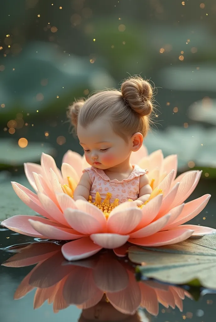 delicate ceramic texture skin，3D cartoon hyperrealistic baby，sitting in the middle of a lotus flower，, micro-rolled petal edge with light spots，embroidered water lily that shines quietly，Double bun，, soft and delicate，curly，Please depict the delicate，Flowe...