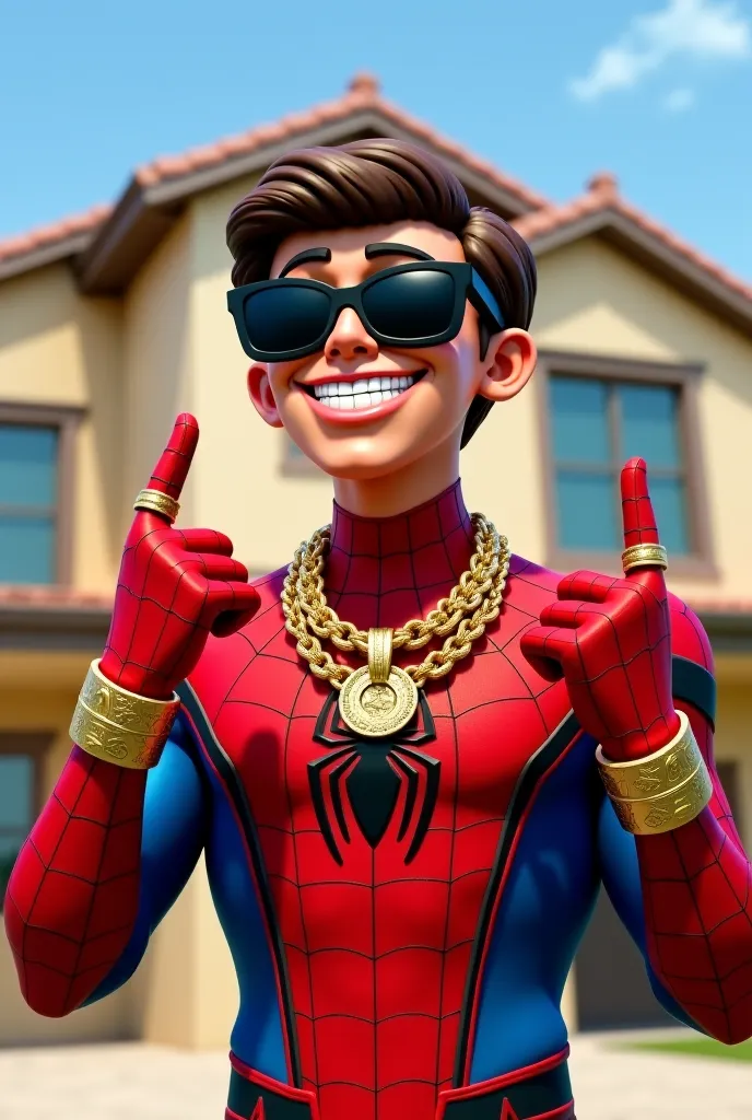 8k realistic ultra HDR Spider-Man, styled as a hip-hop character. The subject is a young adult, likely male, with a stylized, exaggeratedly happy facial expression,  and large, bright white teeth. He wears large, dark sunglasses and numerous gold necklaces...