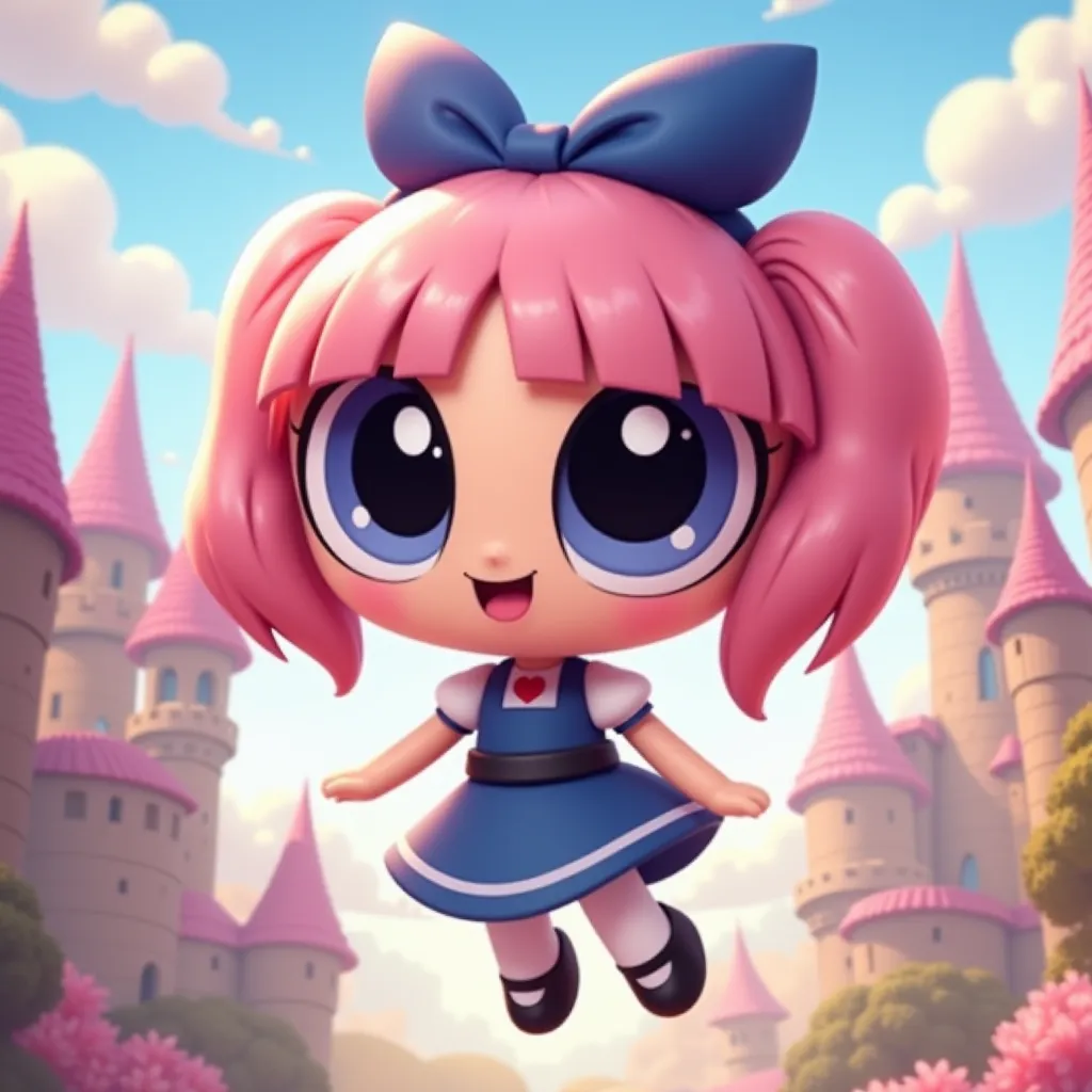 The Powerpuff Girls  ，Q version cute、Classic 2D style flying little policewoman style ， A cute girl （（high resolution, masterpiece, is very detailed））Pink Hair、Playful dress， Bow Hair Adornment, Shine Effect, Ray tracing、The background is a fairytale-like ...