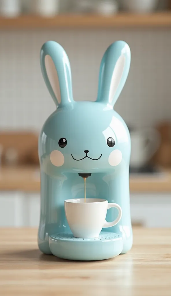 A soft sky blue rabbit-shaped coffee maker with a glossy finish and white accents sits in a bright, Scandinavian-style kitchen. With a cheerful expression, the rabbit opens its mouth, delivering a smooth, steaming flow of coffee into a minimalist white cer...