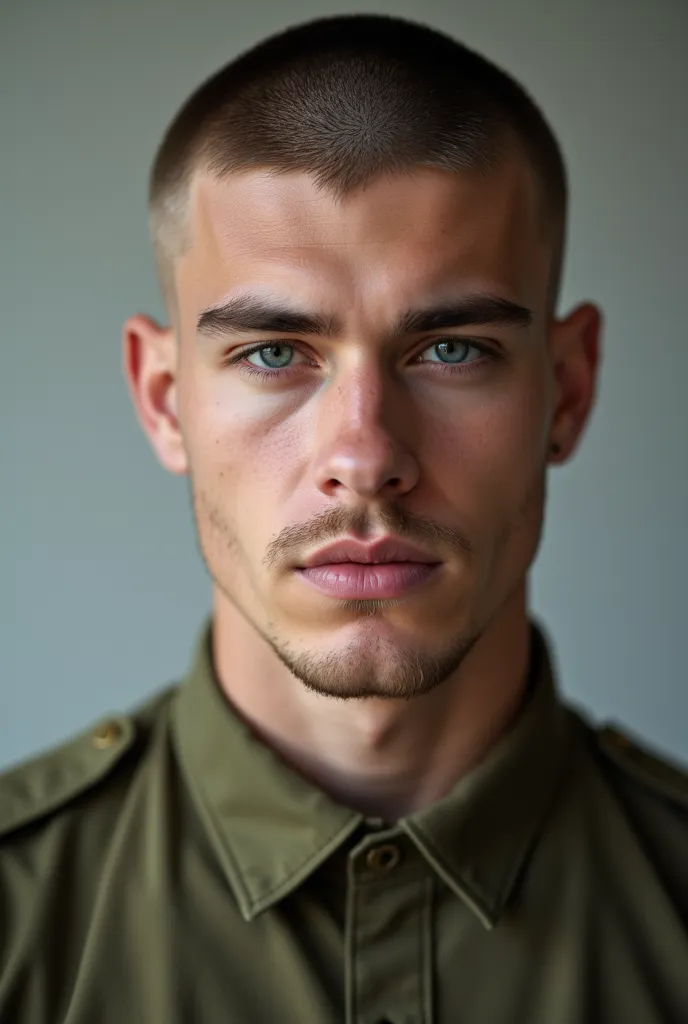 A portrait image of a 19 year old handsome white man with a buzz cut