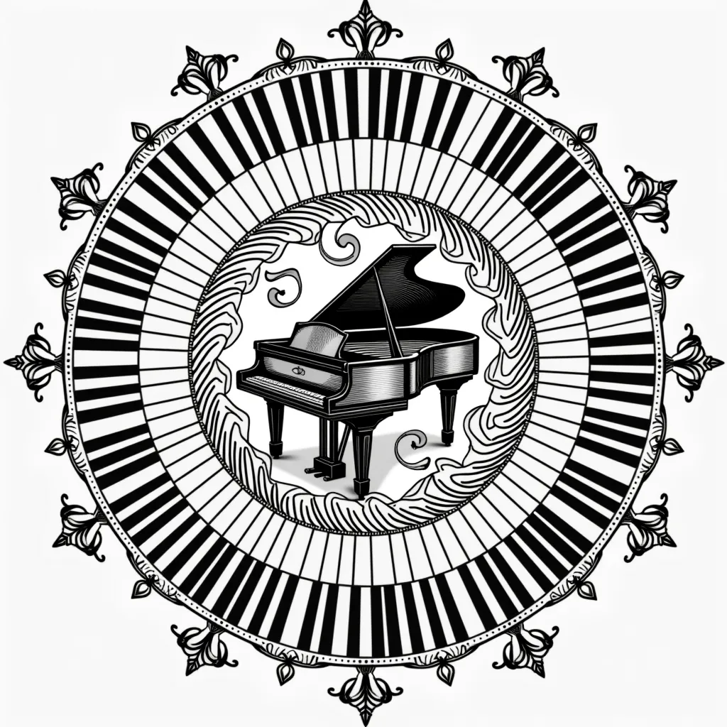 "Create an elegant mandala featuring a grand piano at the core, its black-and-white keys forming a hypnotic radial pattern. Incorporate swirling musical notes, graceful treble clefs, and ornate filigree details to enhance the design."