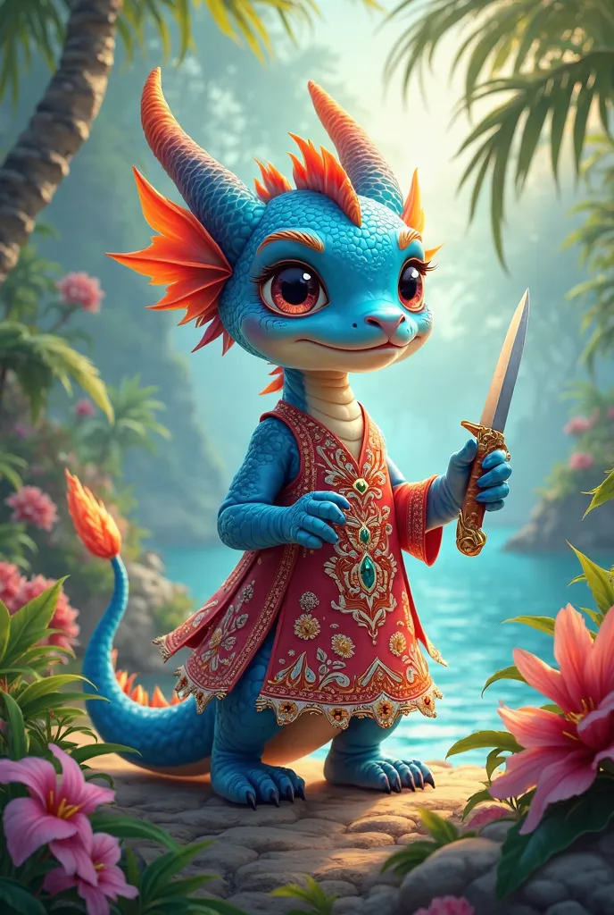 A small blue dragon wearing a Thai Boran island dress holding a knife, Bang Rachan