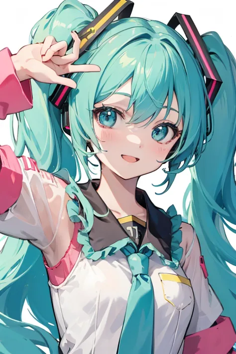 ((best quality)), 1girl, Hatsune Miku, lollipop, super happy, mouth open smile, peace sign hands, hands on eyes, arms up, starbeam background, hard lighting, super smile,, pigtails