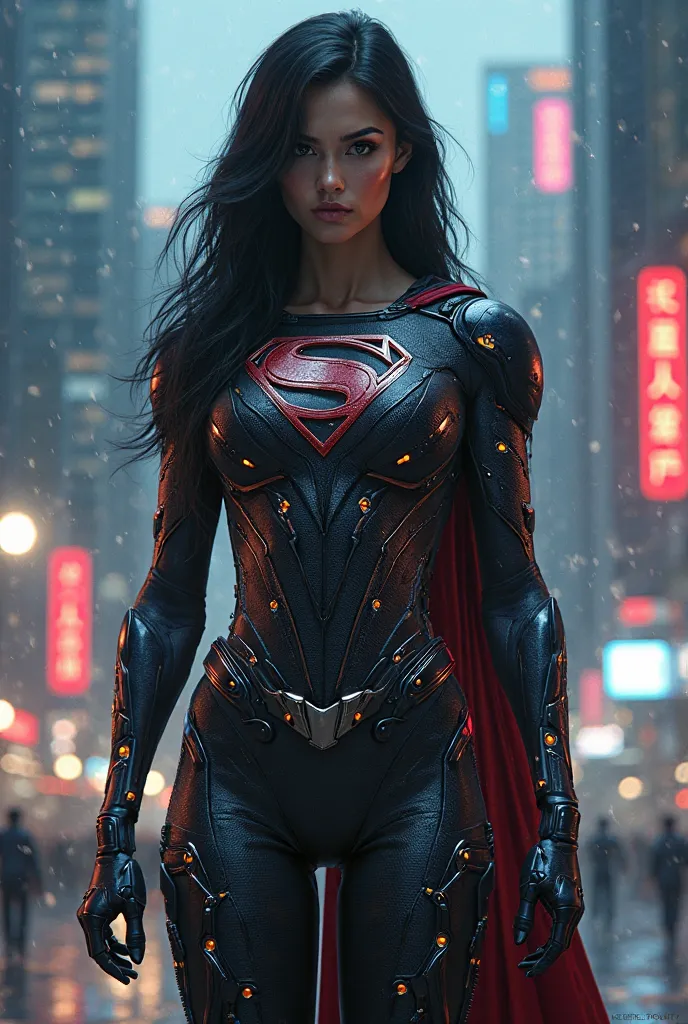 woman with long black hair, in a superman suit instead of a prosthesis arm,   Cyberpunk style , stands full length at night