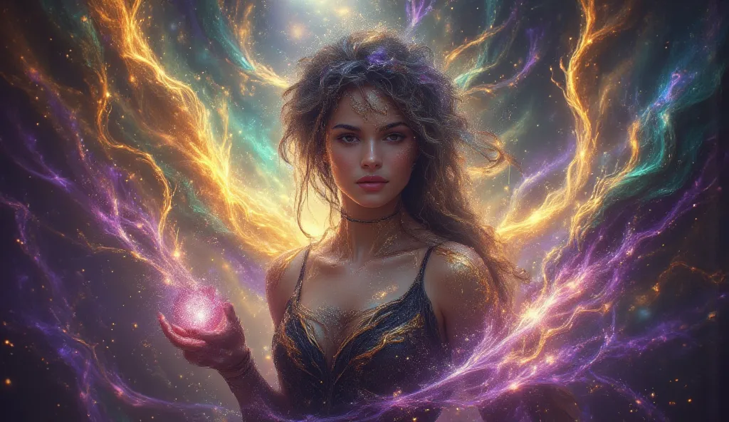 A woman standing confidently, holding a glowing orb


psychedelic cosmic, oniric, fluid, ethereal,  (colors: purple, yellow, blue, green, orange, black)
