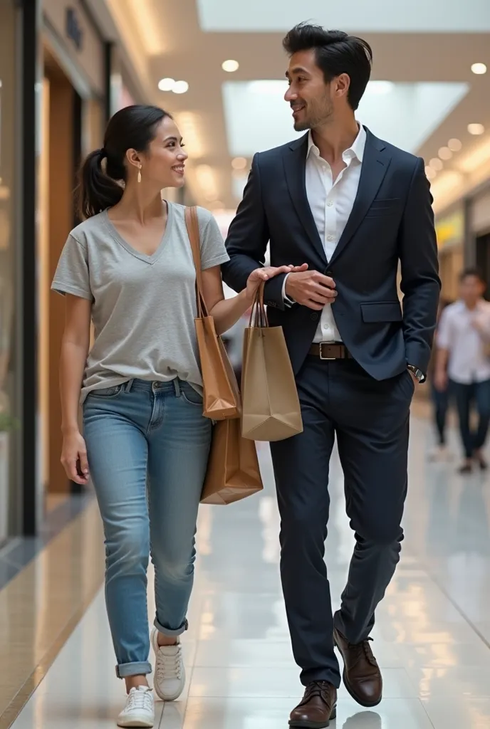 A woman in simple clothes, jeans and basic t-shirt, walks around the mall carrying some bags.  Next to her , an extremely handsome Asian man, with modern hair and a fitted suit, holds her bag and gives a charming smile as he watches it with admiration.