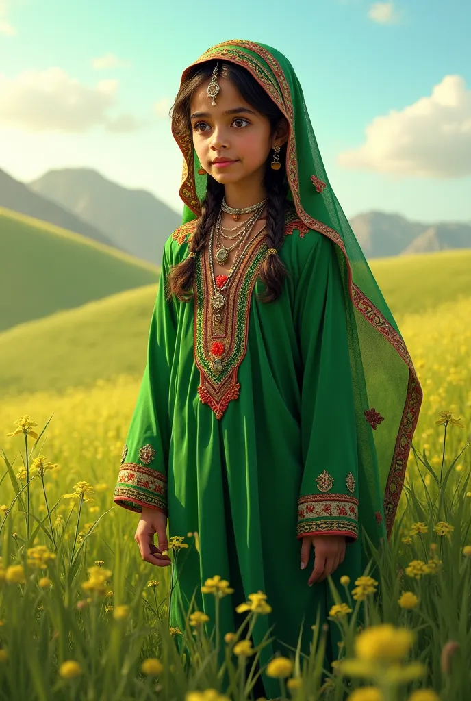 A Yemeni girl wearing a Yemeni traditional clothe in green filed