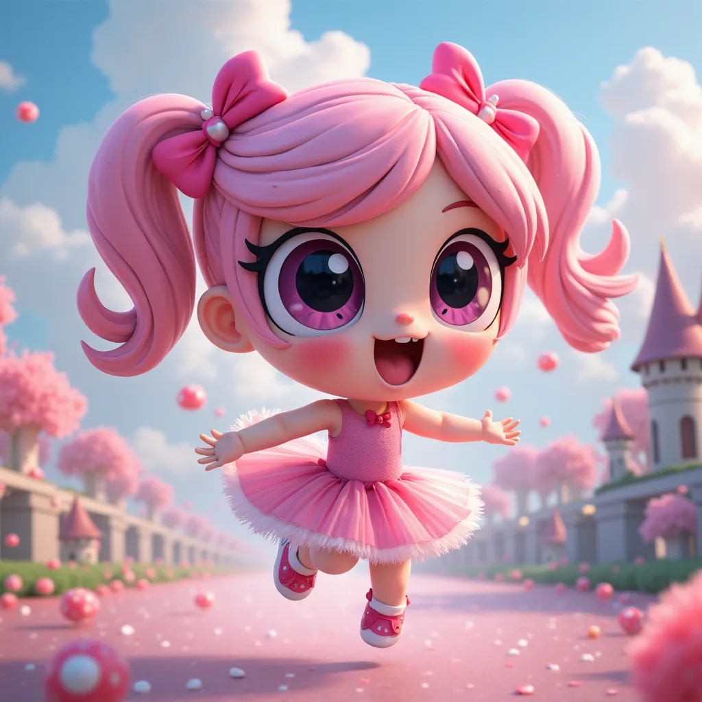 The Powerpuff Girls  ，Q version cute、Classic 2D style flying little policewoman style ， A cute girl （（high resolution, masterpiece, is very detailed））Pink Hair、Playful dress（pink tutu）， Bow Hair Adornment, Shine Effect, Ray tracing、The background is a fair...