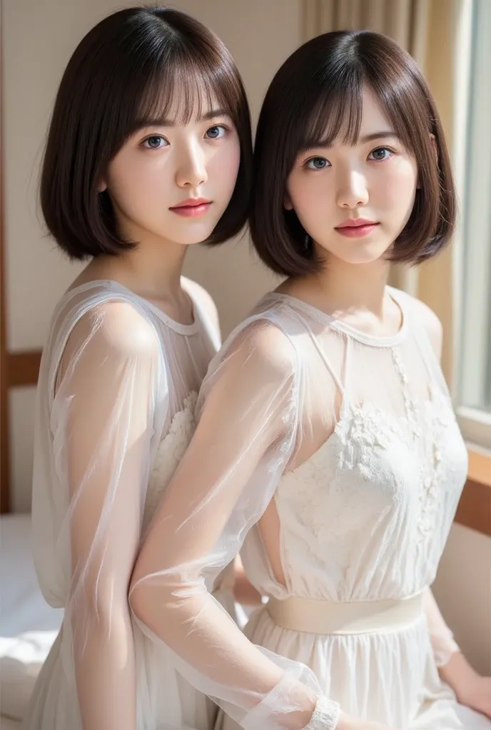  Attractive Japanese women are wearing transparent clothes，    ladies 1、above the thigh  、  small,  flat chest 、Beautiful Makeup、Neikit    、   