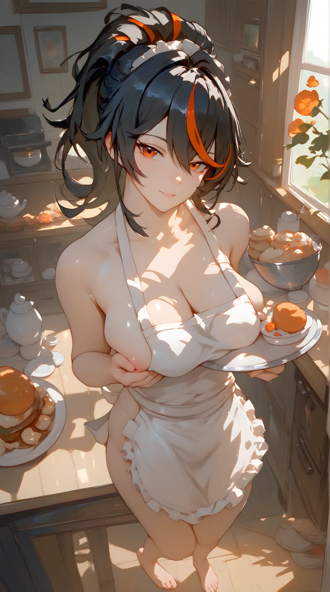 score_9, score_8_up, score_7_up,zhu yuan, orange eyes, black hair, long hair, streaked hair, ponytail, full body, naked apron, housewife, presenting breast, plate, breast on plate, holding plate, pov, looking at viewer 