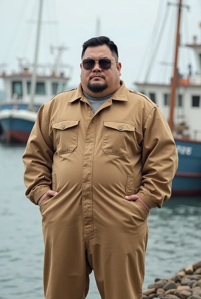 A person wearing a light brown one-piece work suit，The thick inner crotch of the lower body，The outline of the ocean waves and boats added，probably represents a professional identity，highlights。Chinese young fat man wearing a pair of sunglasses，Adding a bi...