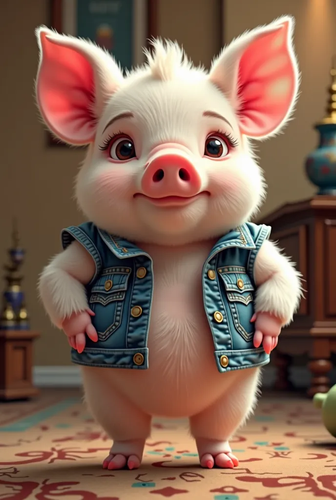 "Large, realistic details were applied、digital painting of an anthropomorphic white pig, expressive eyes, elegant look。wearing a denim vest。It gives a々with a drill at the crotch. standing gracefully in a luxurious indoor environment with soft lighting.。