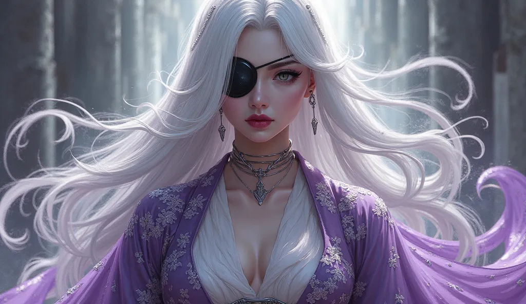 long white hair, purple white kimono, seriouse, eye patch on right eye, breats bigger than head