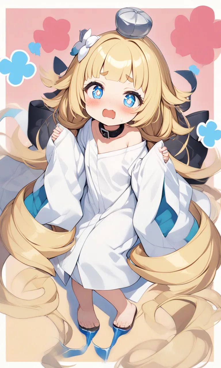 1girl, solo, gomonhime, princess, silver mini crown, flipped hair blonde hair long hair short sidelock shiny hair blunt bangs, blue eyes eyelashes thick eyebrows, toenails +++ white shirt off shoulder long sleeves oversized shirt long shirt wide sleeves, b...