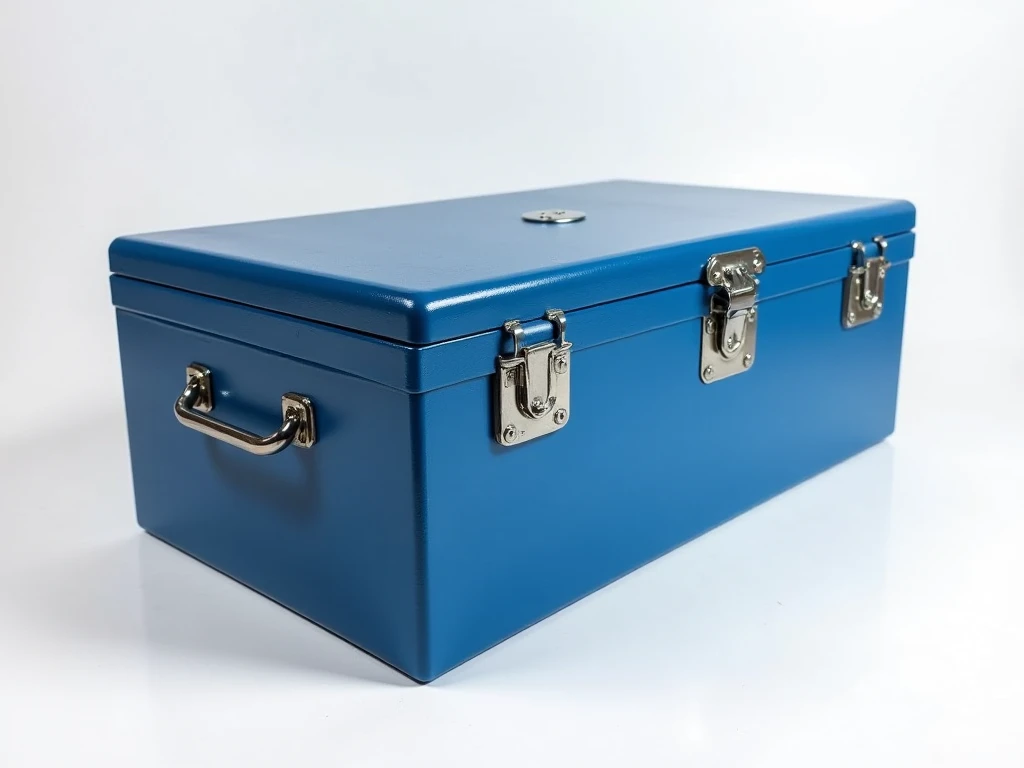 there is a blue box with a metal handle on a white surface, a portrait by Randy Post, pixabay, bauhaus, military storage crate, box, military carrier rig, extremely high quality, lockbox, covered chest, a large, alternate angle, very high quality, military...