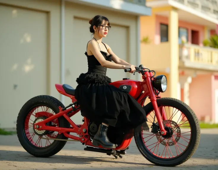 A young Asian woman, aged 19-20, sits on a custom-made red motorbike, its large round spoked wheels casting shadows on the bumpy road below them against a backdrop of pale cream and warm pastel colored buildings. She wears a vintage black Lolita-style dres...