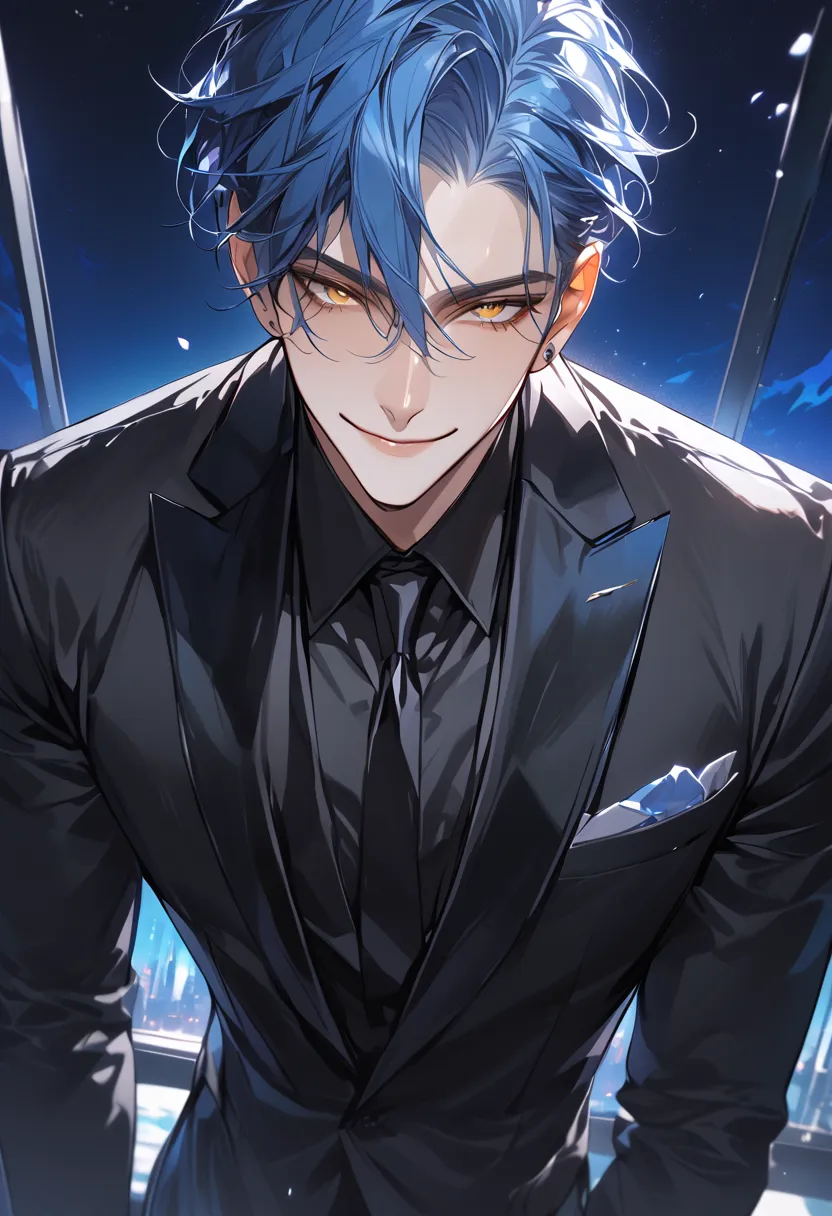 (Masterpiece, high resolution, best quality), solo, 1 male, 25-years old man, handsome, short-straight and blue hair, yellow eyes, tall, black suit, black dress shirt, upper body, smile, looking at viewer, bright background