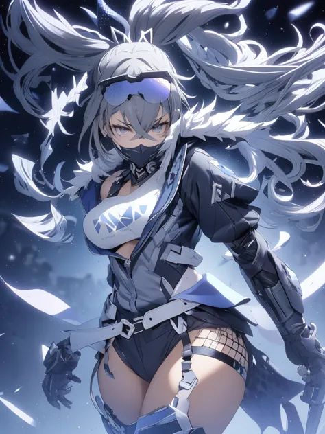  sliver wolf  /( Collapse:Star Rail/), Gray Hair(drill ponytail), fur trim jacket, sunglasses (Piercing Gaze )( cold expression ), beautiful face, beautiful eyes, , High Resolution, best quality, 8k, top quality, Anime Characters,  game characters , girls,...