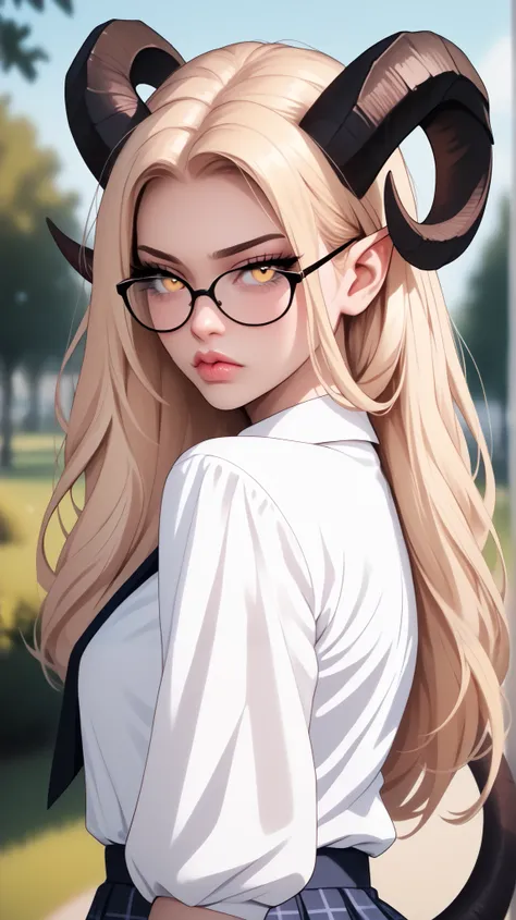 beautiful, high quality, tiefling, tail , sadness, cute face, black big horns, yellow eyes, blonde, glasses, white blouse, school , blurred background, posing, realistic natural light, pink detailed lips, long lashes , good anatomy, seductive look, sk...