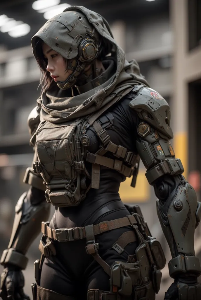 Realistic near future, realistic expression, in a hangar with giant robot weapons like ARMORED CORE, a beautiful Japanese woman of the Allied Special Forces wearing well-worn heavy battle armor prepares for a sortie, futuristic head gear, accurate and deta...