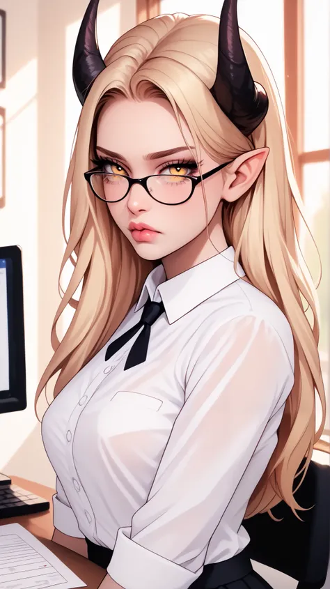 beautiful, high quality,  tiefling,  tail , sadness, cute face, black big horns, yellow eyes, blonde, glasses,  white blouse, office , blurred background,  posing, realistic natural light, pink detailed lips, long lashes , good anatomy, seductive look, sk...