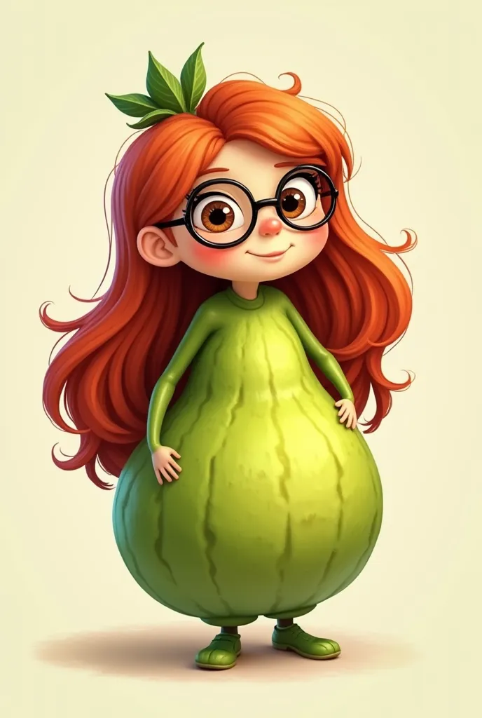 cartoon of a green vegetable chayote with female glasses long red hair and brown eyes