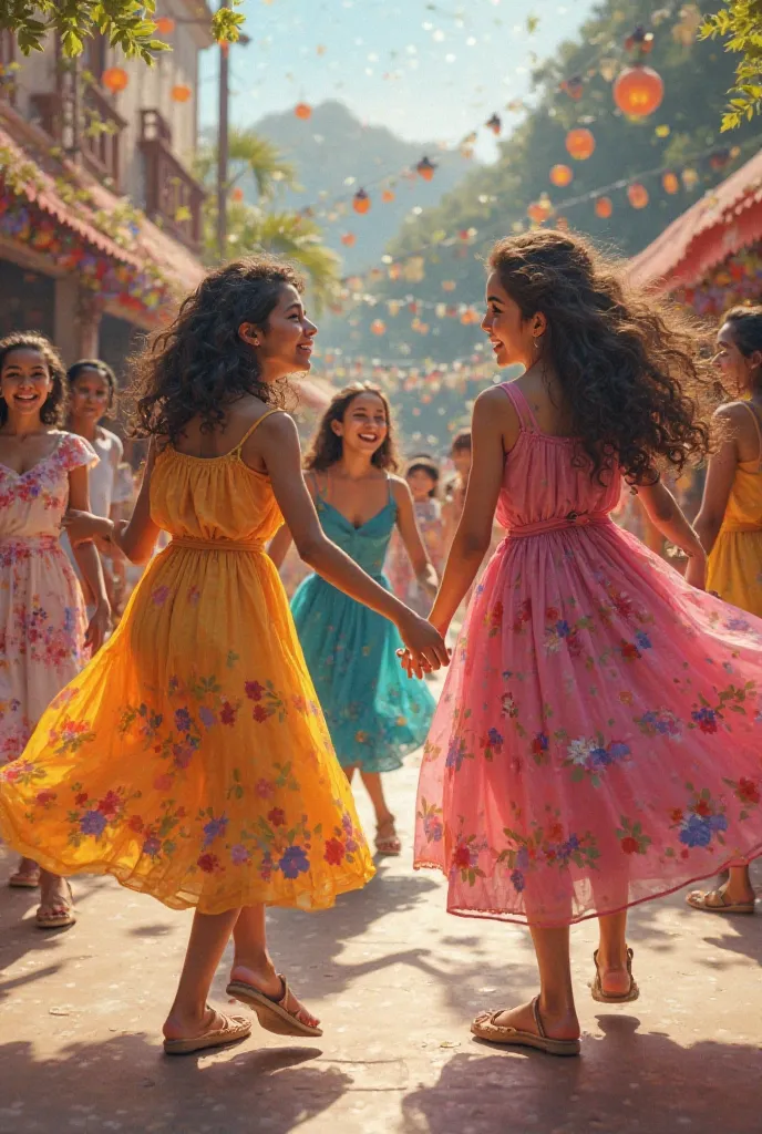 s in beautiful colorful dresses dance with moms. Moms in simple dresses will shake boys on them