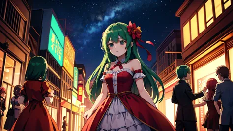 High Quality Anime Female Characters。Collapsed Town。Night Sky。green hair。long hair。dress。sad expression。Lots of Dead Bodies Around。