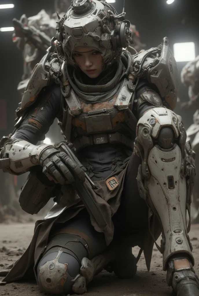 Realistic near future, realistic expression, in a hangar with giant robot weapons like ARMORED CORE, a beautiful Japanese woman of the Allied Special Forces wearing well-worn heavy battle armor prepares for a sortie, futuristic head gear, accurate and deta...