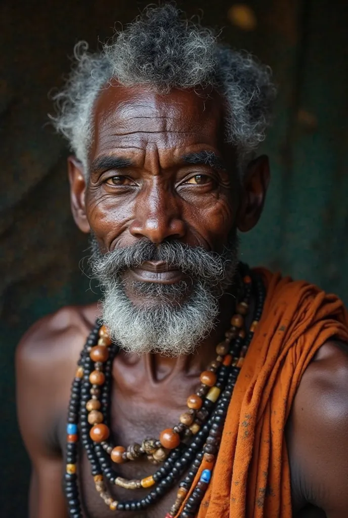 Generate image of Thabo, An African blacksmith in his late mid 50s who look haggard, with traditional bead on his neck. He had a tall , calm build with dark skin and kind expression. His hair is tarted and a finely low cut black and white beard. His attire...