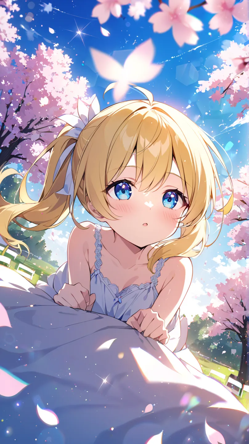 garden、blue sky、cherry blossoms、cherry blossoms吹雪、solo, 1 girl, blue eyes, yellow hair、Twin Ponytail、in bed looking up at the sky、How hair flutters in the wind、lawn、dutch angle, lens flare, glitter effect, blurred background,  overexposure、