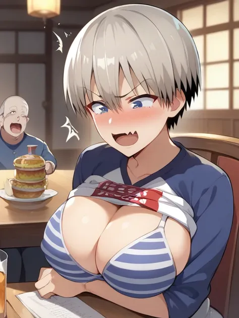 score_9,  score_8_ up,  score_7_ up,   source_anime break，nsfw，uncorrected，masterpiece,   kampala    ,best quality,8k，Low body，Baby Face，
(Uzaki Hana，small，Big Breasts)         lift up your jacket with an angry face    　Striped bra　  　　surprised eyes 　    ...