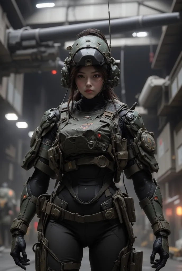 Realistic near future, realistic expression, in a hangar with giant robot weapons like ARMORED CORE, a beautiful Japanese woman of the Allied Special Forces wearing well-worn heavy battle armor prepares for a sortie, futuristic head gear, accurate and deta...